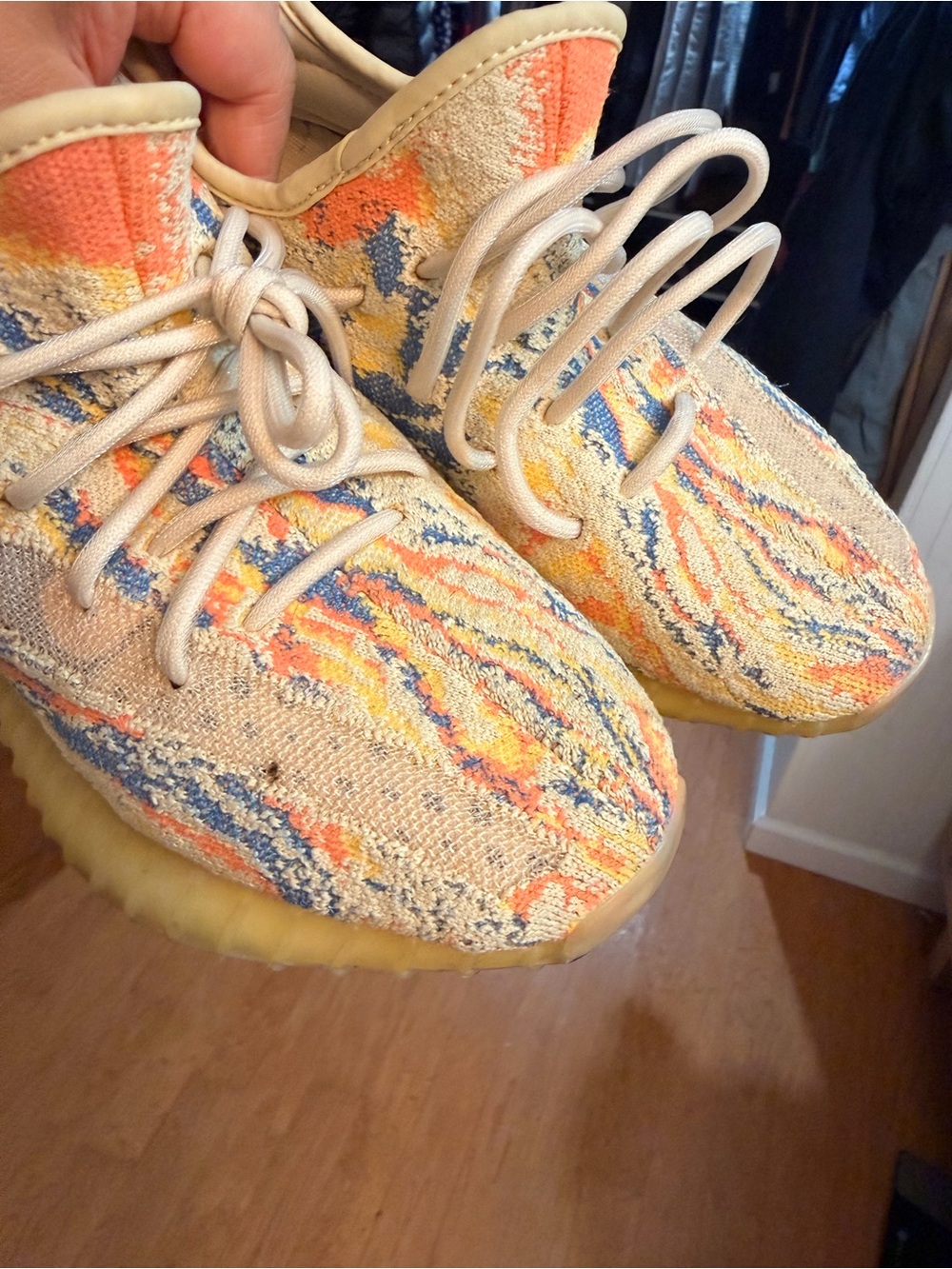 Yeezy Kids Multicolor Knit Sneakers with Yellow, Blue, Orange Accents